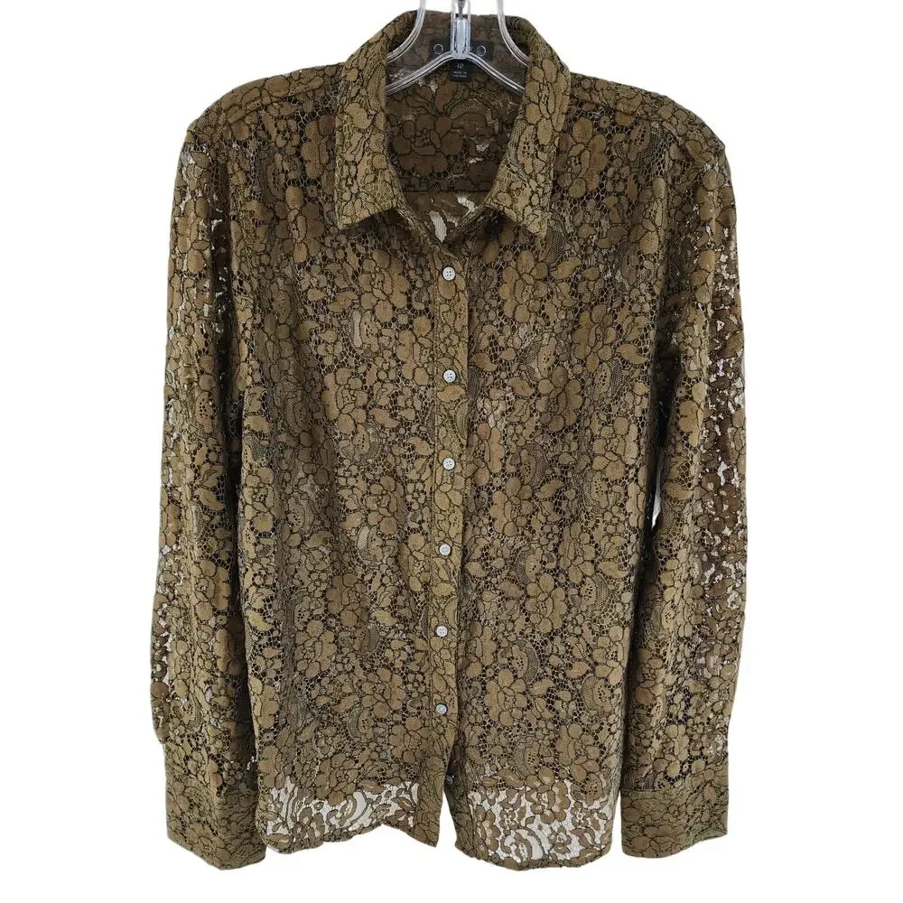 J Crew Olive Green Lace Button Up Blouse Womens Size 12 Sheer Floral Top